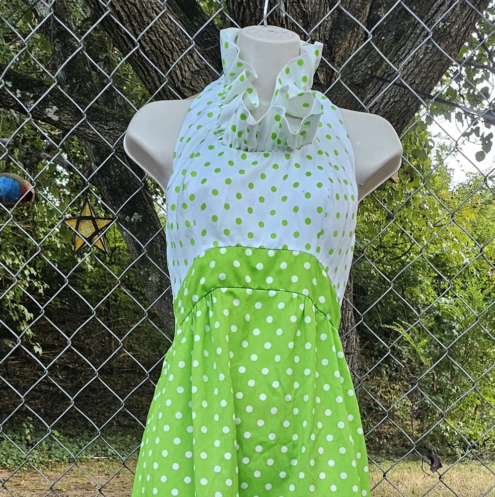 Vintage 70s Gay Gibson Green polka dot maxi halter dress retro